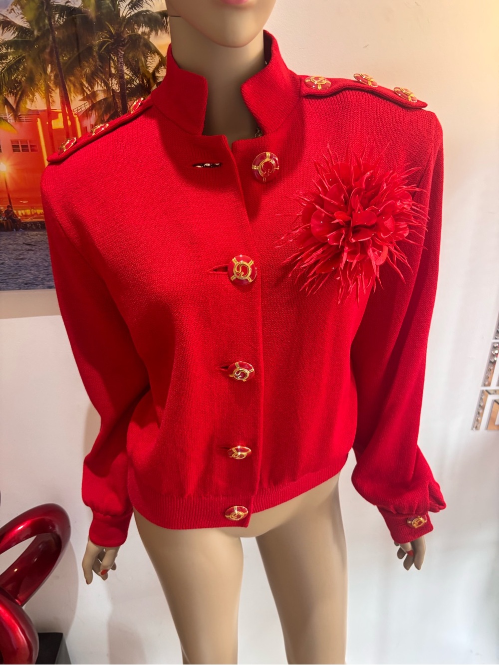 St. John Red Knit Military Jacket with Gold Buttons embellished 12 L captain